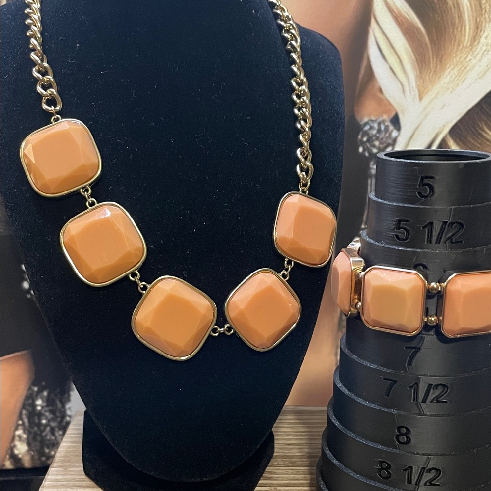 Coffee Color Square Necklace and Bracelet Set